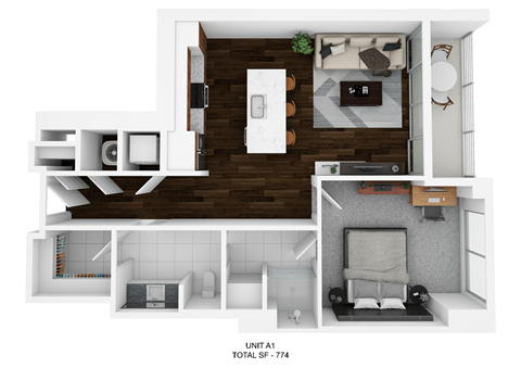 Floor plan for 1 bed, 1 bath, 774 sqft
